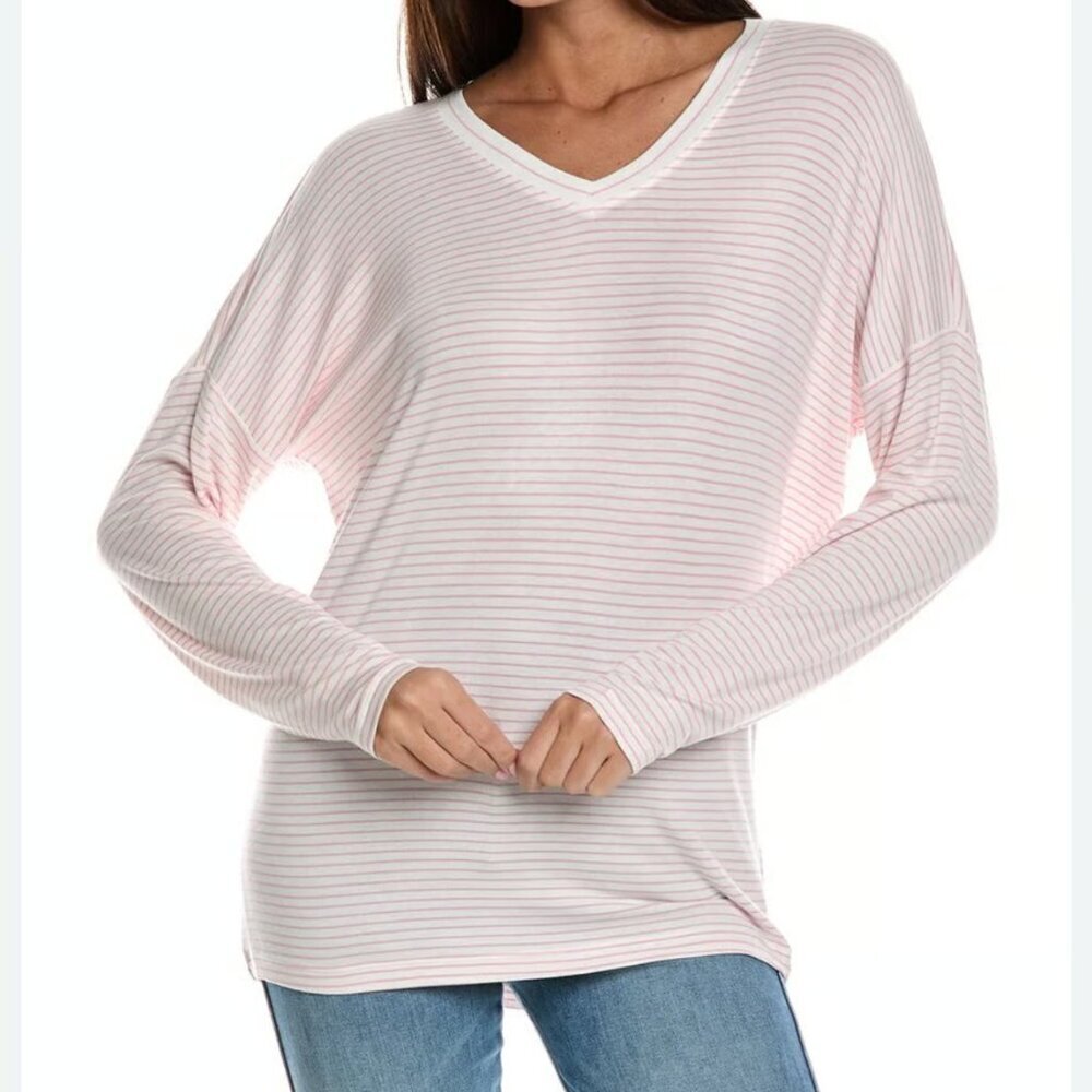 Cabi Serenity Tee shirt top blouse knit light pink stripe v-neck cozy new Large